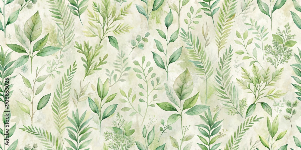 Fototapeta premium Watercolor Green Leaves Seamless Pattern, Digital Illustration, Botanical Art, Green Foliage, Floral Design, watercolor, seamless