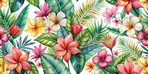 Wallpaper Mural Watercolor Tropical Floral Seamless Pattern Lush Greenery and Vibrant Flowers, Tropical , Flower , Watercolor , Seamless Pattern Torontodigital.ca