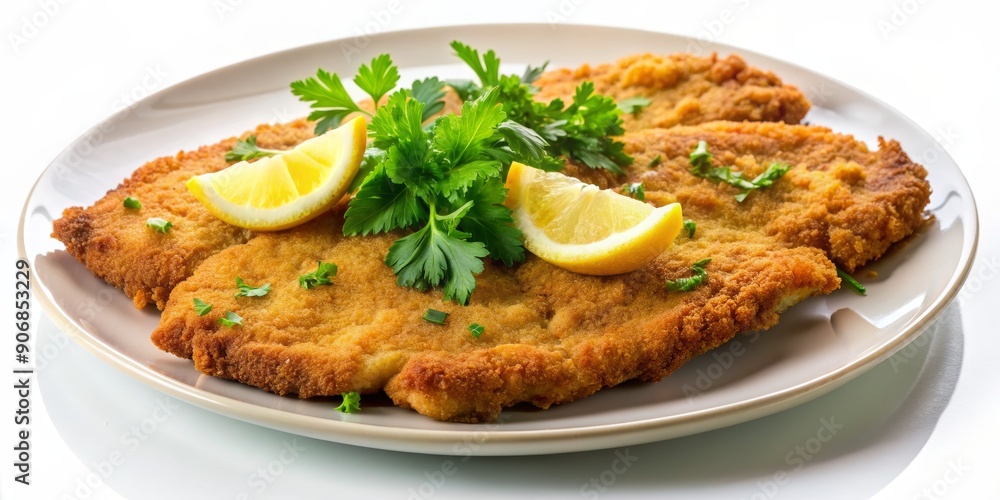 Wiener Schnitzel with Lemon and Parsley on White Plate, Viennese , Austrian Cuisine , Food Photography , Schnitzel Wiener Schnitzel with Lemon and Parsley on White Plate, Viennese , Austrian Cuisine , Food Photography , Schnitzel