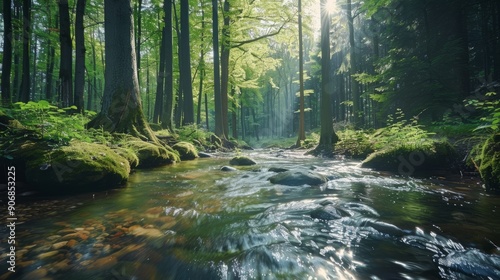 Clear river meandering through lush forest under soft morning light