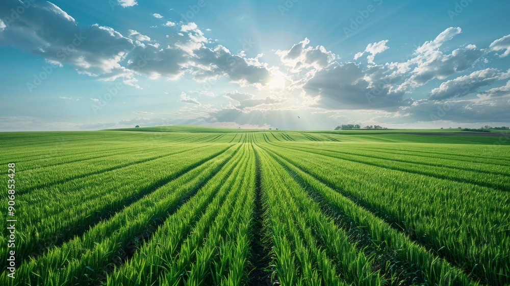Vibrant green wheat field with tractor tracks under stunning sky at sunrise Vibrant green wheat field with tractor tracks under stunning sky at sunrise