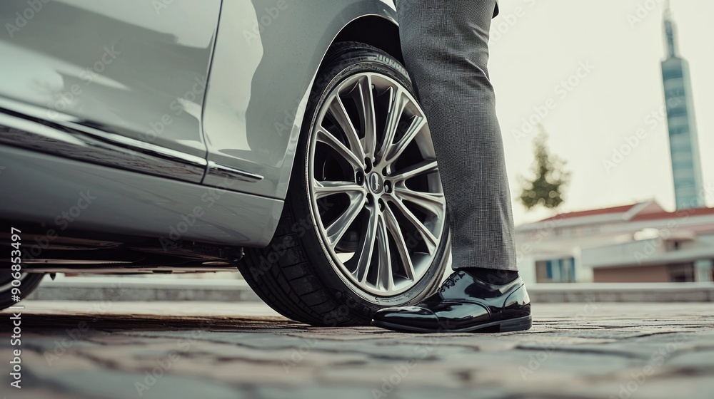 Legs of successful businessman in expensive suit and shoes next to the wheel of luxury car Legs of successful businessman in expensive suit and shoes next to the wheel of luxury car