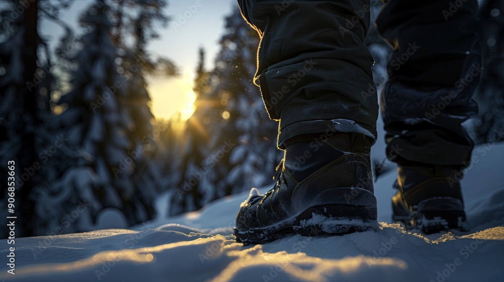 Winter walk in the forest. Feet in boots on the snow. Race walking on snowy terrain. Winter walk in the forest. Feet in boots on the snow. Race walking on snowy terrain.