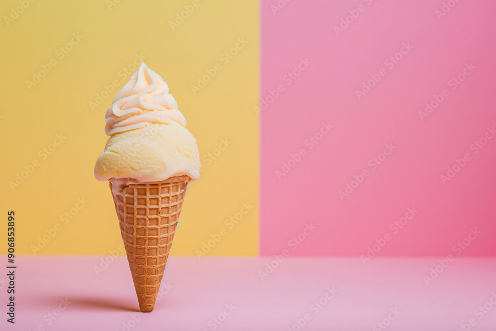 Ice cream cone isolated on monochrome studio background. Pastel pink and yellow colors, mockup for ice cream advertising, summer kitchen and children's parties. Ice cream cone isolated on monochrome studio background. Pastel pink and yellow colors, mockup for ice cream advertising, summer kitchen and children's parties.