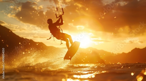 Silhouette of a Kitesurfer at Sunset