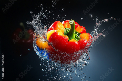 A sliced bell pepper falling into water with a splash photo