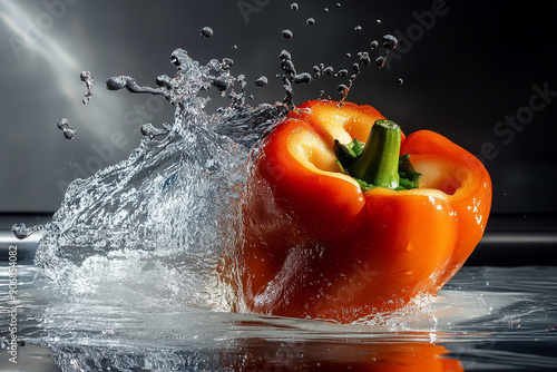 A sliced bell pepper hitting the water with a splash photo