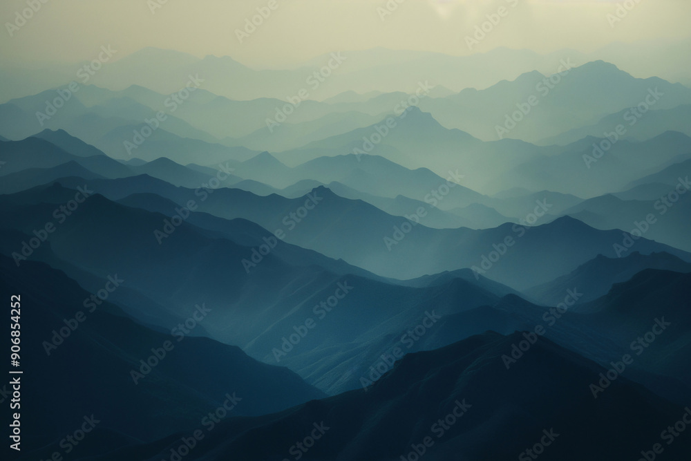 Calm peaceful landscape with misty hills. Minimalistic interior decor. Image for the concept of traveling, path, search for home and meaning of life.