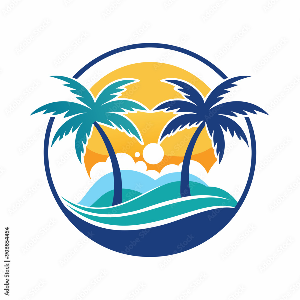 A logo that has two palm trees on a beach art vector illustration A logo that has two palm trees on a beach art vector illustration