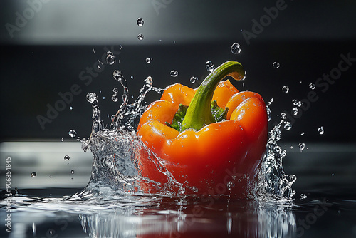 A sliced sweet pepper hitting the water photo