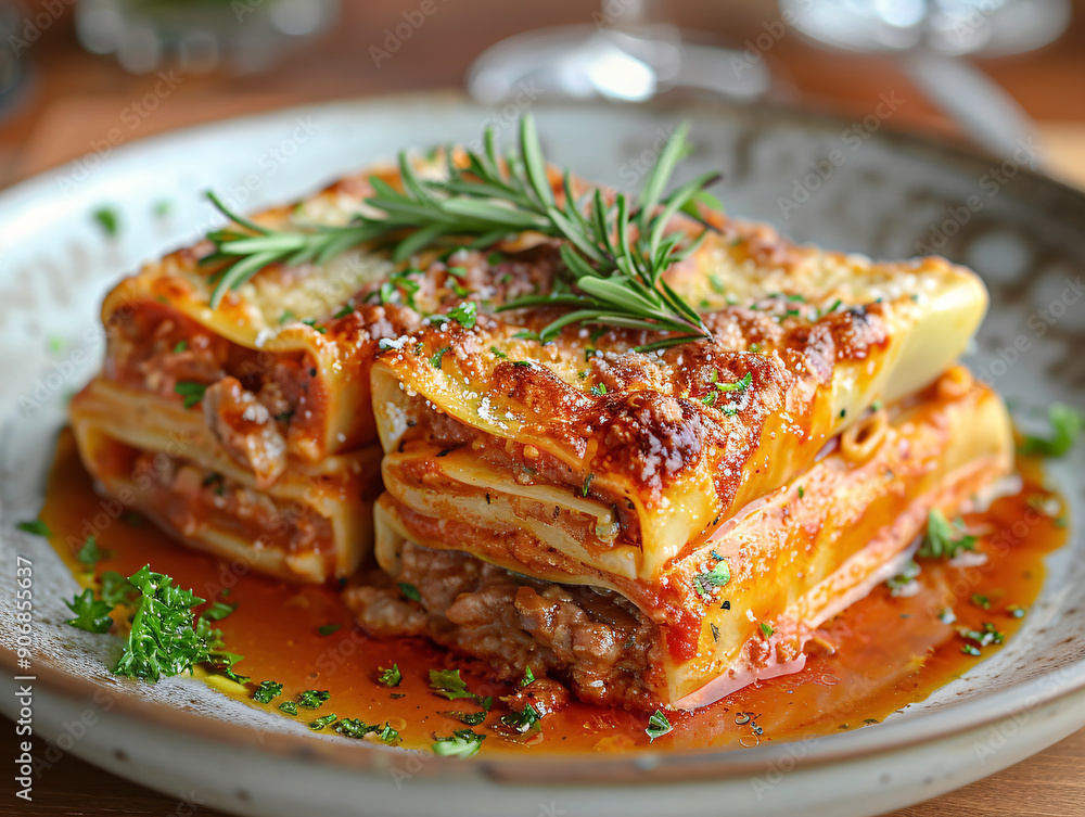 a plate of lasagna with a golden brown crust, topped with fresh basil and grated cheese, served on a wooden table. a plate of lasagna with a golden brown crust, topped with fresh basil and grated cheese, served on a wooden table.