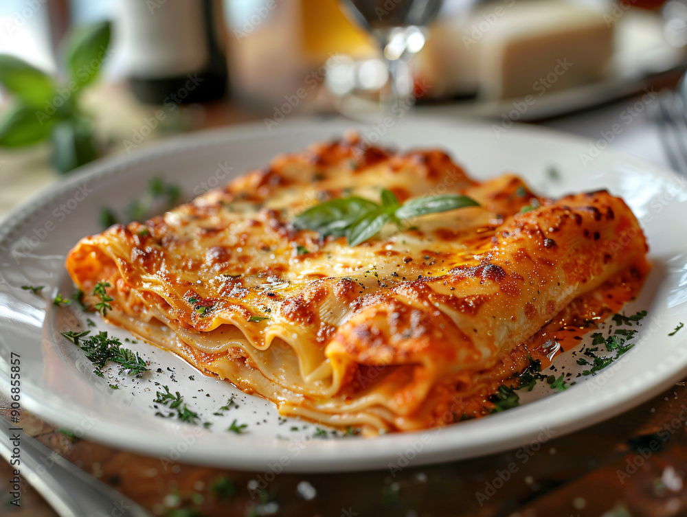 a plate of lasagna with a golden brown crust, topped with fresh basil and grated cheese, served on a wooden table. a plate of lasagna with a golden brown crust, topped with fresh basil and grated cheese, served on a wooden table.