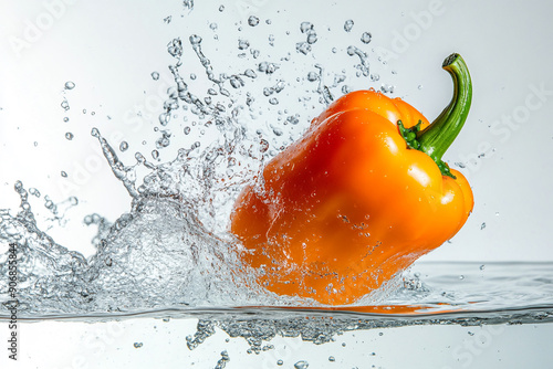 A whole bell pepper falling into water photo