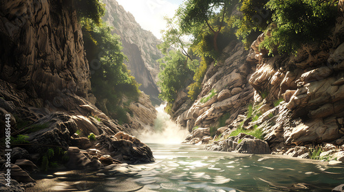 The image is of a narrow canyon with a rushing river flowing through it