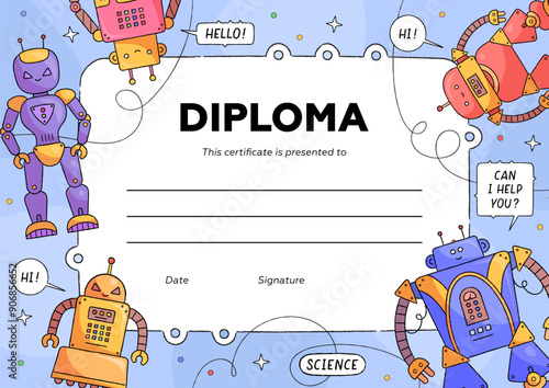 Kids diploma or education certificate vector design template with cartoon robots and droids for school or kindergarten with humanoid cyborgs, androids or artificial intelligence characters