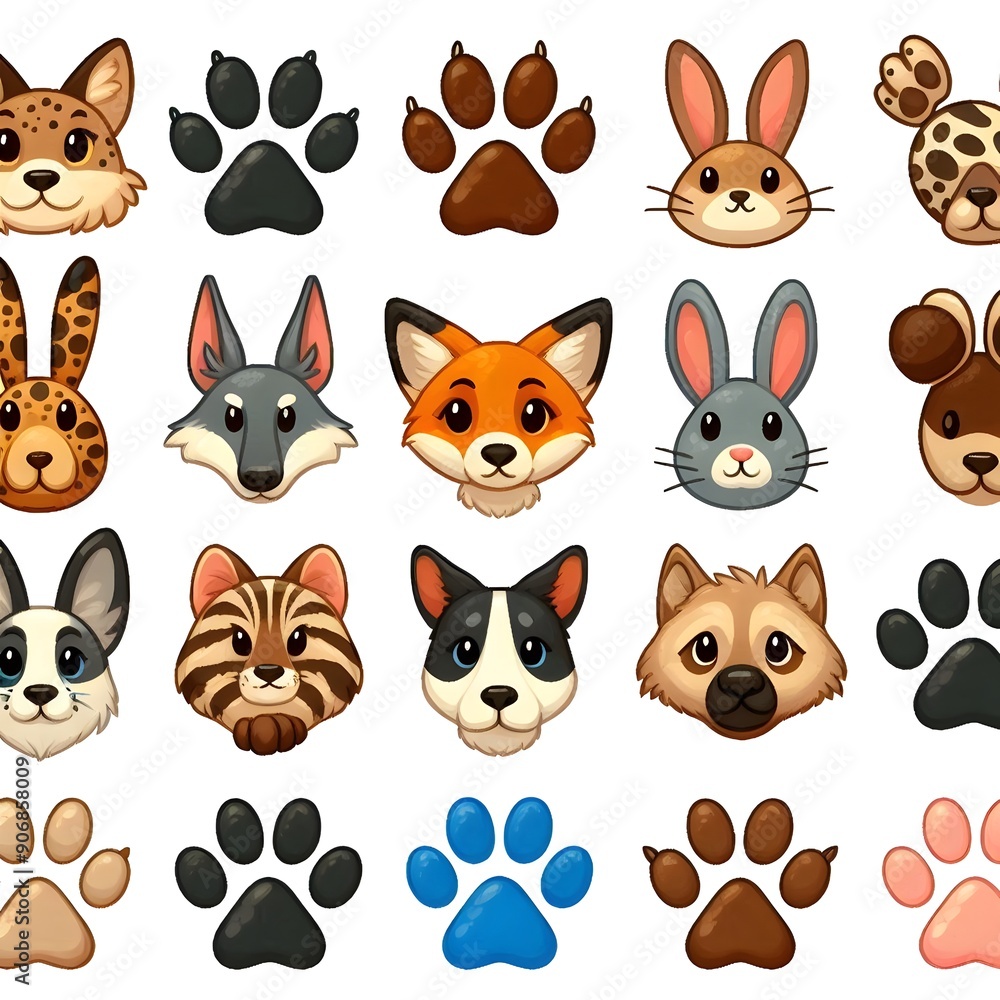 Fototapeta premium Cute Cartoon Animal Paw Prints Set