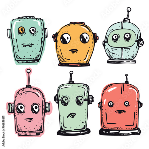 Six quirky handdrawn robots express various emotions, cartoon style, robot has unique color, shape, set features, antennas. Doodle art robots eyes, mouths, expressions, colorful concept isolated