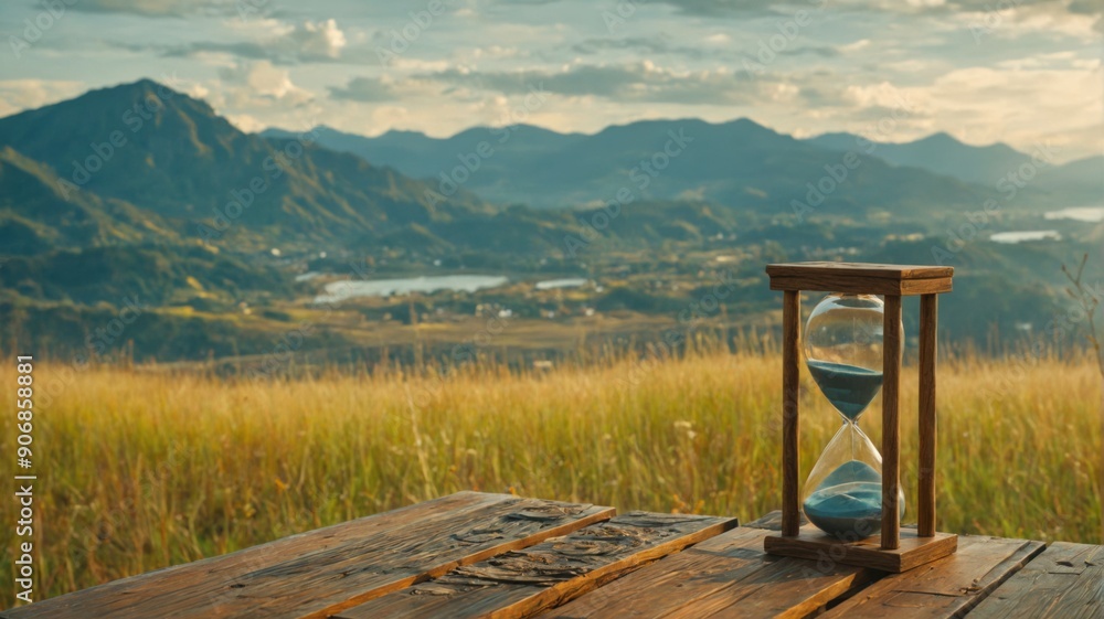 Hourglass wooden table beautiful landscape background is made Sl