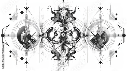 tattoo art line, illustrated in illustrator, perfect generation without design errors, pure white and clean background, A geometric and realistic style tattoo, featuring a combination of mythological.