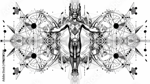 tattoo art line, illustrated in illustrator, perfect generation without design errors, pure white and clean background, A geometric and realistic style tattoo, featuring a combination of mythological.