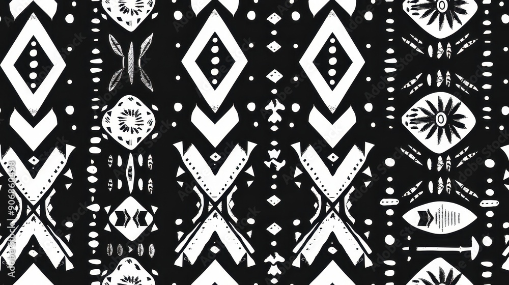 Fototapeta premium Black and white tribal seamless pattern with bold geometric shapes. Great for ethnic, cultural, and traditional themes.