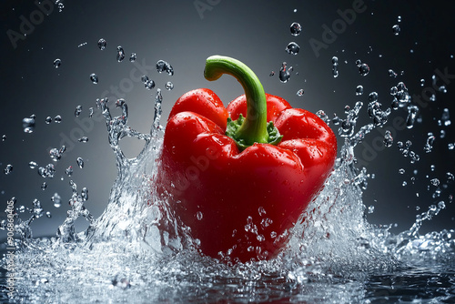 A whole sweet pepper dropping into water photo