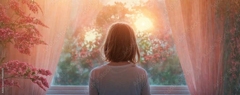 Young girl standing front window looking out beautiful A young g Young girl standing front window looking out beautiful A young g