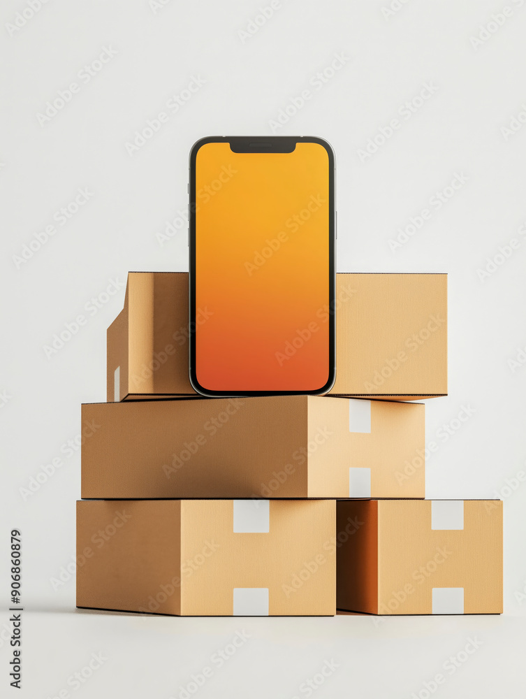 E-commerce Mobile: A sleek smartphone with a vibrant blank orange screen takes center stage atop a stack of cardboard boxes, embodying the essence of online shopping and delivery. E-commerce Mobile: A sleek smartphone with a vibrant blank orange screen takes center stage atop a stack of cardboard boxes, embodying the essence of online shopping and delivery.