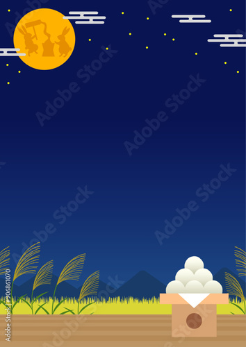 お月見をイメージした兎のいる月と月見団子とススキの背景_縦
