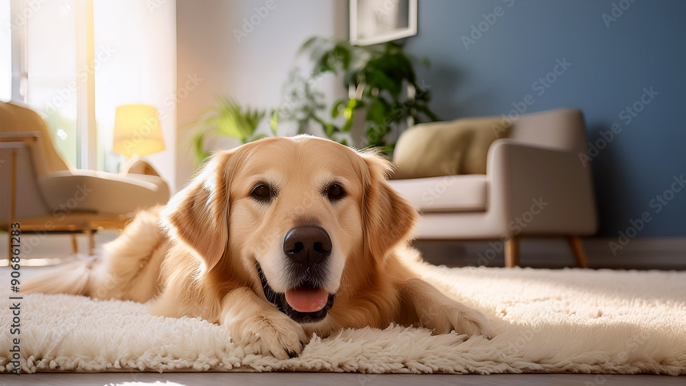Happy golden retriever is lying on the floor in the living room Happy golden retriever is lying on the floor in the living room