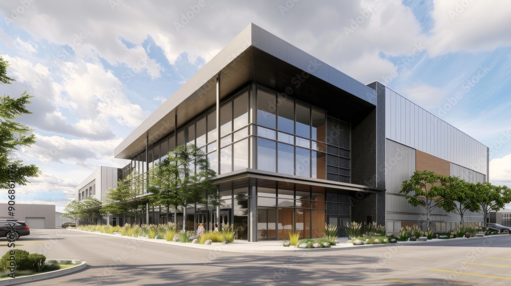 Modern building in aluminum siding and flat angled roofline and front windows. Modern building in aluminum siding and flat angled roofline and front windows.