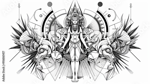Wallpaper Mural tattoo art line, illustrated in illustrator, perfect generation without design errors, pure white and clean background, A geometric and realistic style tattoo, featuring a combination of mythological. Torontodigital.ca