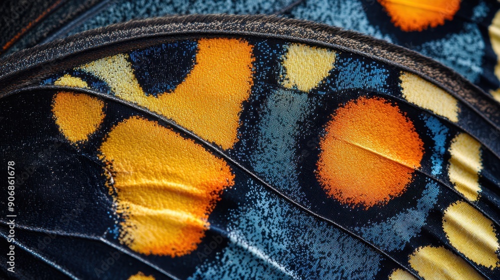 A close-up of a butterfly wing with intricate patterns and vivid colors A close-up of a butterfly wing with intricate patterns and vivid colors