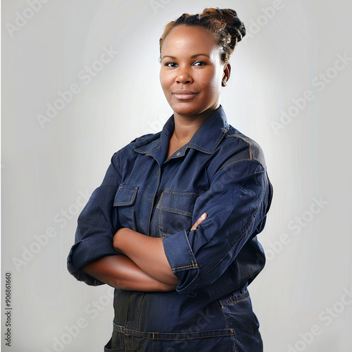 Face photo of a black confident curved female woman garage mechanic, plumber, in blue work clothes,  working girl, big woman, woman with curves, mixed woman isolated on a white background photo