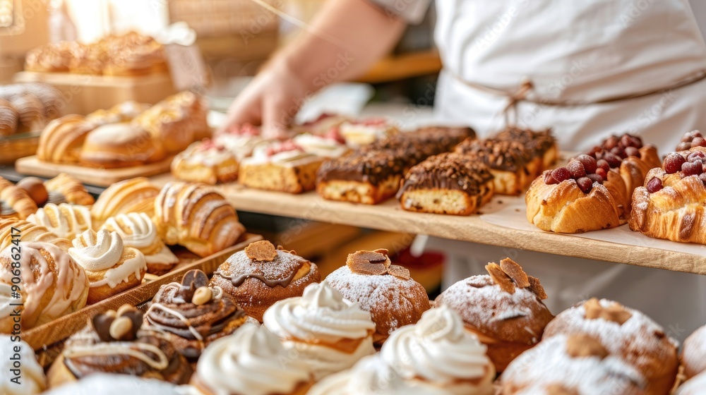 A baker showcases an array of delectable pastries, from flaky croissants to rich cream-filled delights, creating a mouth-watering display in a bustling bakery. A baker showcases an array of delectable pastries, from flaky croissants to rich cream-filled delights, creating a mouth-watering display in a bustling bakery.