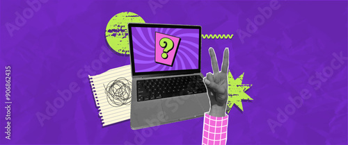 Halftone collage laptop with hypnotizing screen an question mark, notebook paper scrap, grunge abstract shapes and halftone hand with peace gesture. Confusing design concept. Wrinkled paper effect.