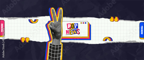 Halftone Collage Hand with Peace Gesture, Bright Abstract Retro Shapes and Pop News Ransom Non-editable Text. Wrinkled paper effect. Advertising and promotional design.