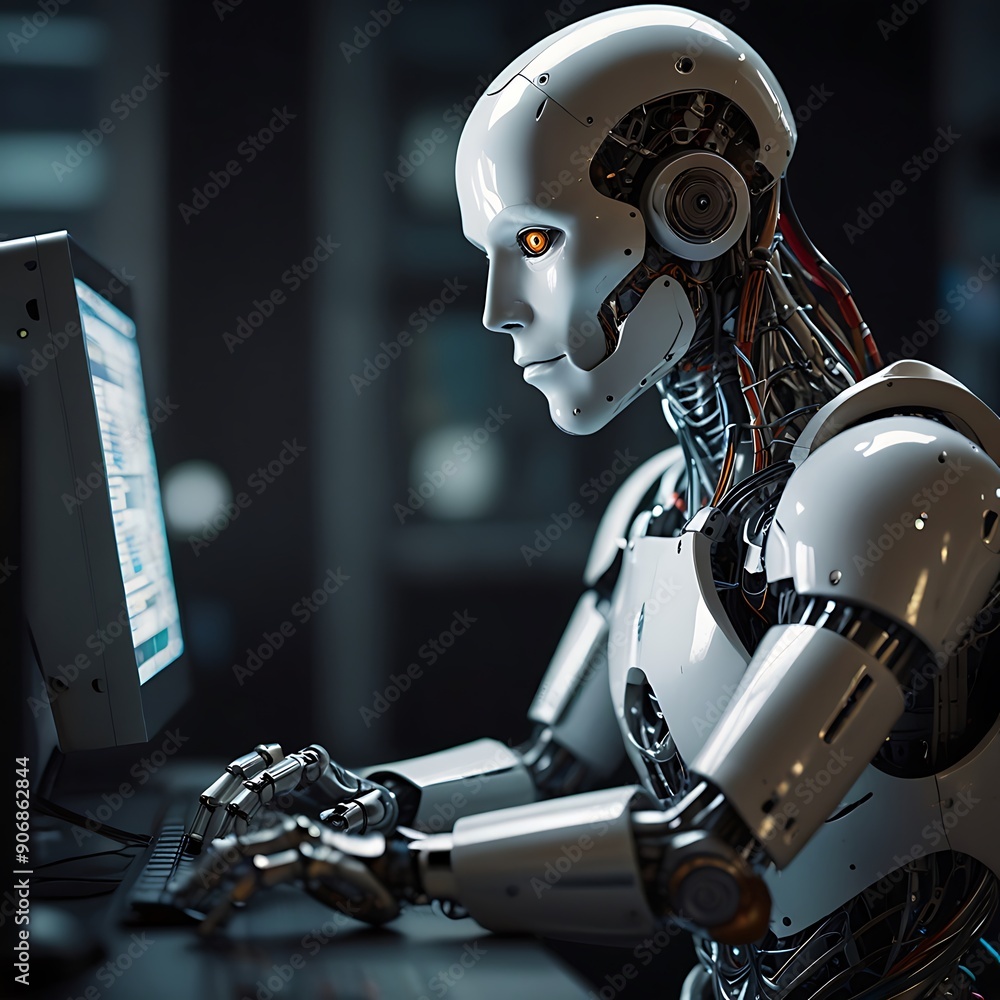 Fototapeta premium Close up on anthropomorphic robot working on computer