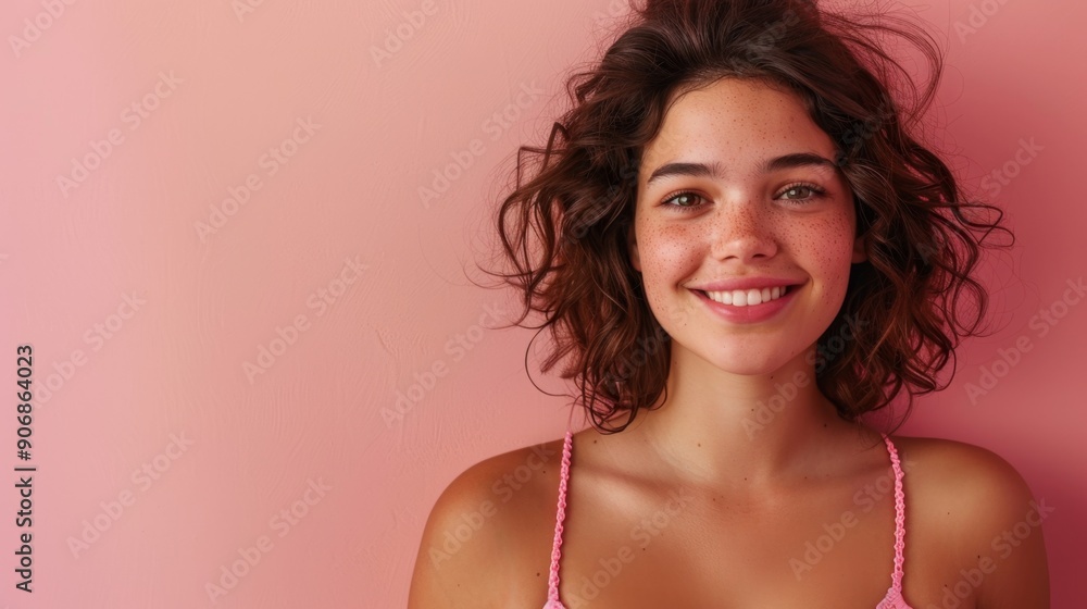 portrait of beautiful smiling young caucasian woman 20-25 years old in light open dress, pink studio portrait, copyspace portrait of beautiful smiling young caucasian woman 20-25 years old in light open dress, pink studio portrait, copyspace