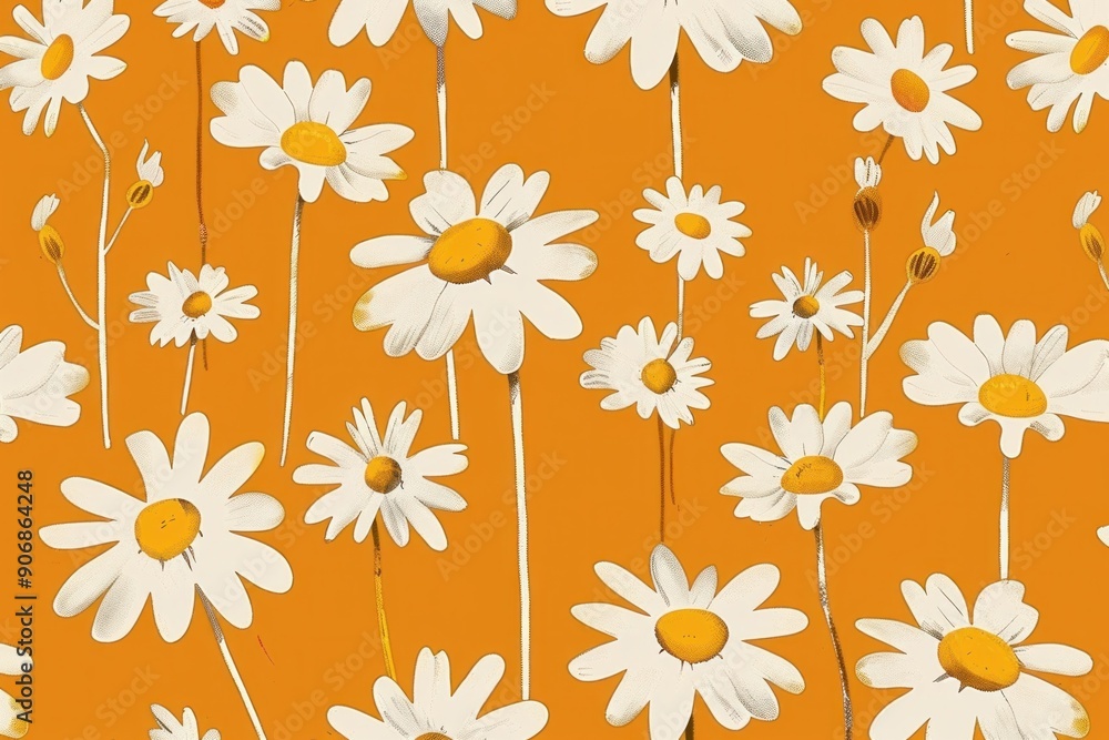 White daisies scattered against a vibrant orange background, creating a cheerful and energetic atmosphere White daisies scattered against a vibrant orange background, creating a cheerful and energetic atmosphere