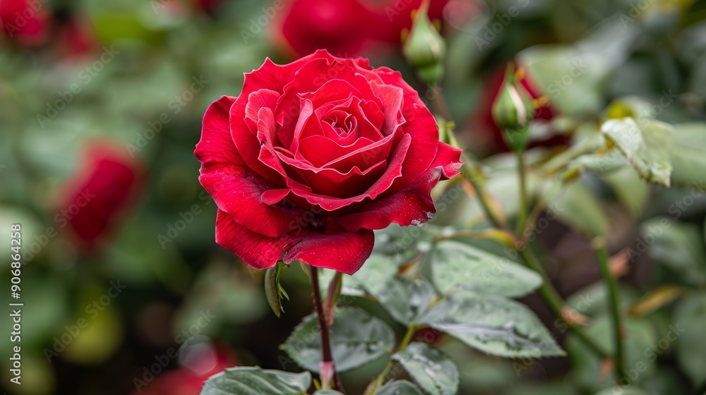 Vibrant crimson rose in full bloom surrounded by greenery Vibrant crimson rose in full bloom surrounded by greenery
