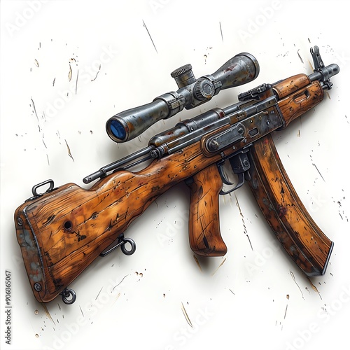 A Wooden-Stained Assault Rifle with a Scope photo