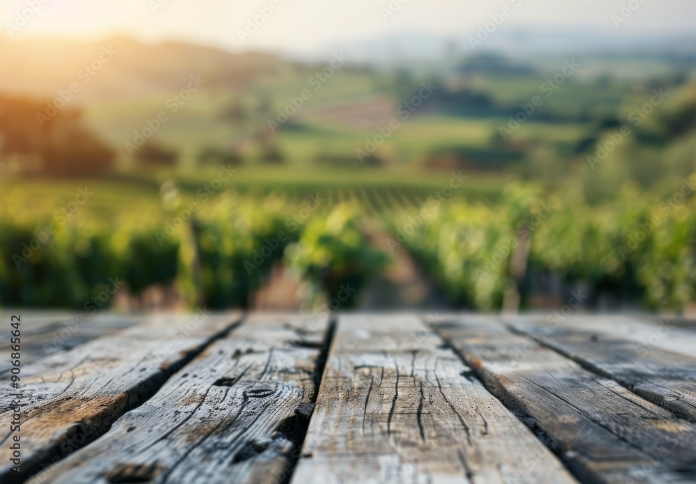Fototapeta premium Sunlit Vineyard Landscape With Wooden Table in the Foreground