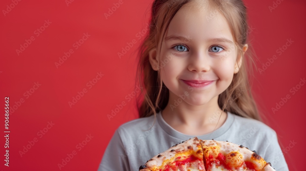 studio portrait of smiling caucasian girl 8-10 years old holding delicious fresh pizza, red background, copyspace studio portrait of smiling caucasian girl 8-10 years old holding delicious fresh pizza, red background, copyspace