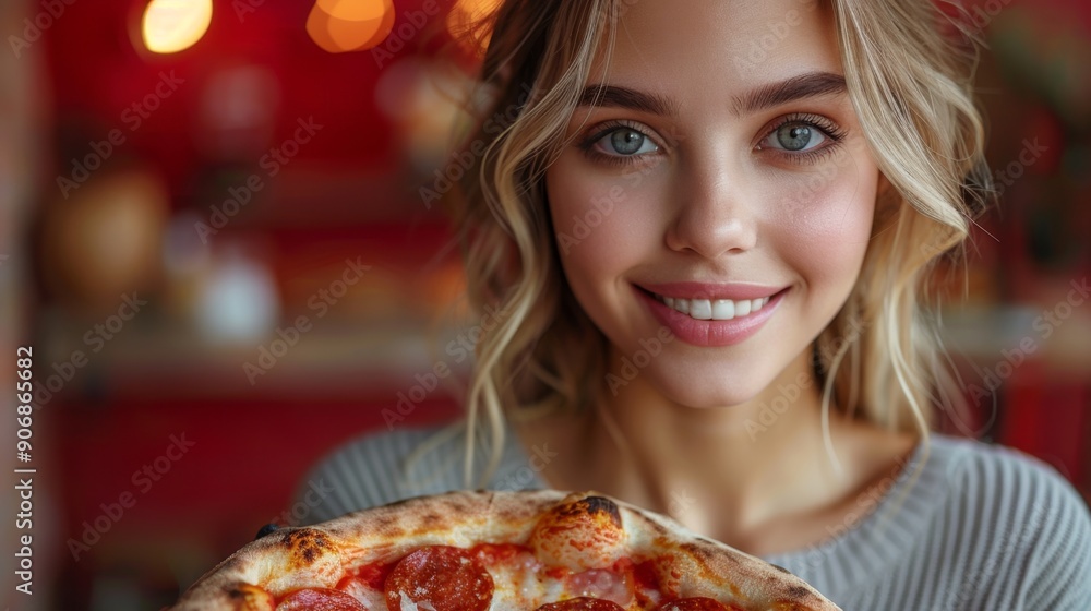 Portrait of young beautiful Caucasian woman holding delicious fresh pizza in her hands and smiling looking at camera Portrait of young beautiful Caucasian woman holding delicious fresh pizza in her hands and smiling looking at camera