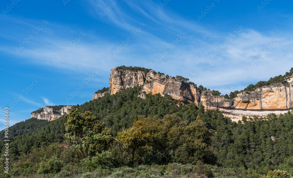 a striking limestone cliff formation rising above a dense forest, under a sky brushed with wispy cirrus clouds, reflecting a serene natural landscape a striking limestone cliff formation rising above a dense forest, under a sky brushed with wispy cirrus clouds, reflecting a serene natural landscape