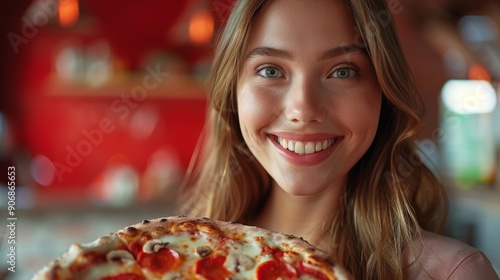 Portrait of young beautiful Caucasian woman holding delicious fresh pizza in her hands and smiling looking at camera