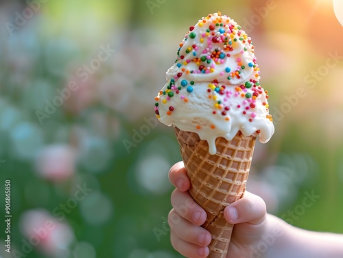 Vibrant Sprinkle Covered Ice Cream Cone Held in a Child s Hand in a Sunny Park Outdoor Setting photo