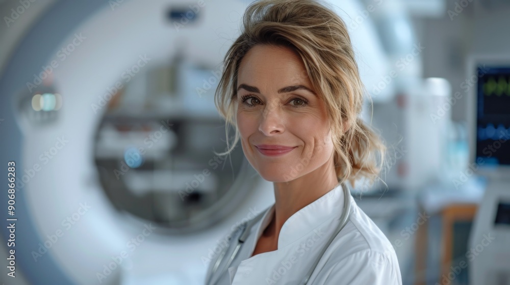 portrait of beautiful caucasian blonde middle-aged doctor diagnostician in MRI examination room, friendly female doctor diagnostician of computed tomography portrait of beautiful caucasian blonde middle-aged doctor diagnostician in MRI examination room, friendly female doctor diagnostician of computed tomography
