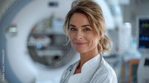 portrait of beautiful caucasian blonde middle-aged doctor diagnostician in MRI examination room, friendly female doctor diagnostician of computed tomography